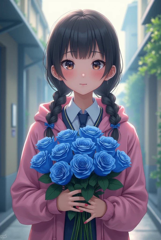 Girl with two braids wearing a student uniform with no buttons on the collar, wearing a pink hoodie, holding a bouquet of blue roses, facing forward, light coming from above, realistic style.