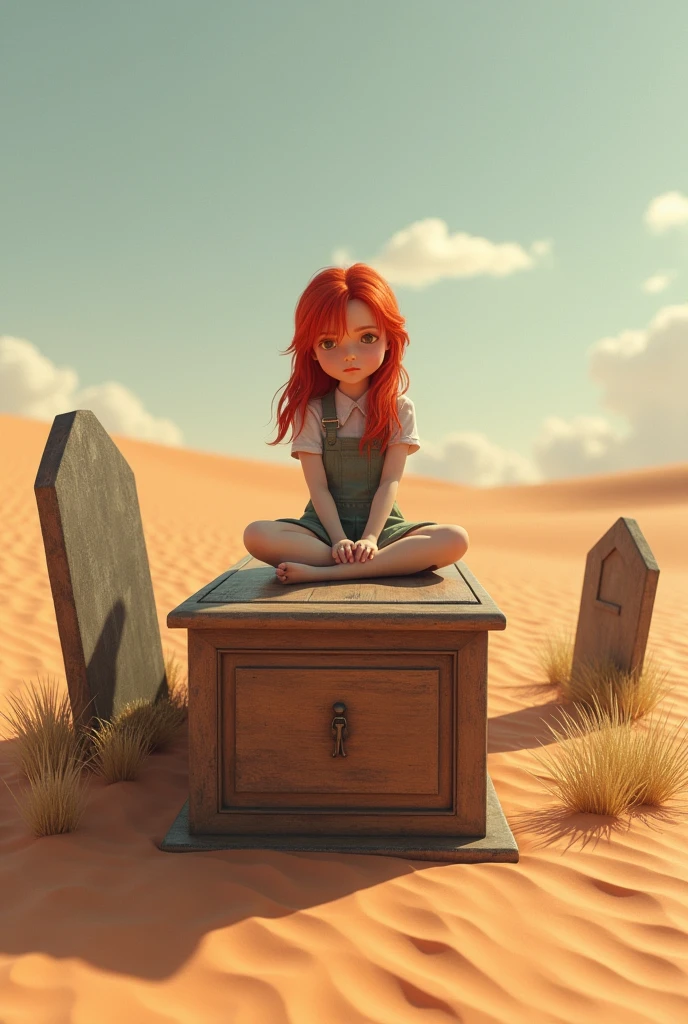 red-haired girl sits on a closed coffin in the middle of the desert, around the tombstone