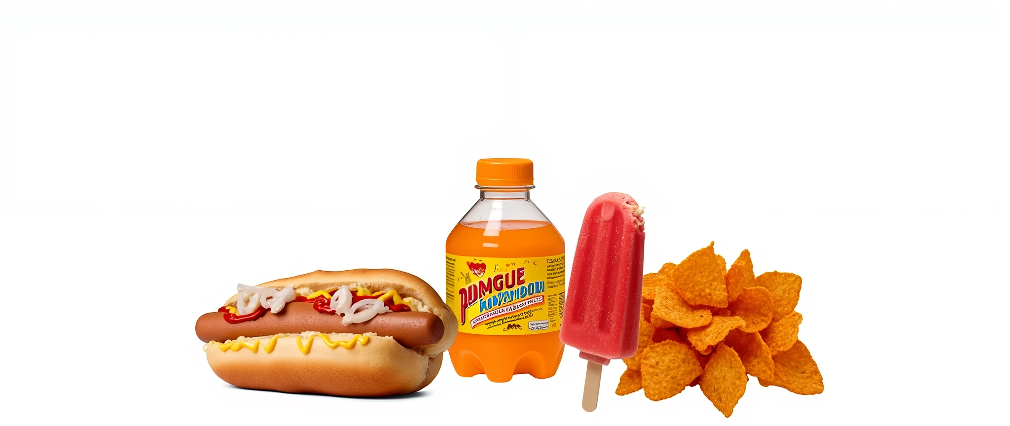 A realistic photo of a fair counter table displaying a small plastic bottle of orange soda, a hot dog with mustard, ketchup, and onions, a bitten red popsicle, and a pile of nacho chips, exactly as arranged in the image. The table is set in a lively outdoor fair environment, with vibrant colors and a festive atmosphere in the background.