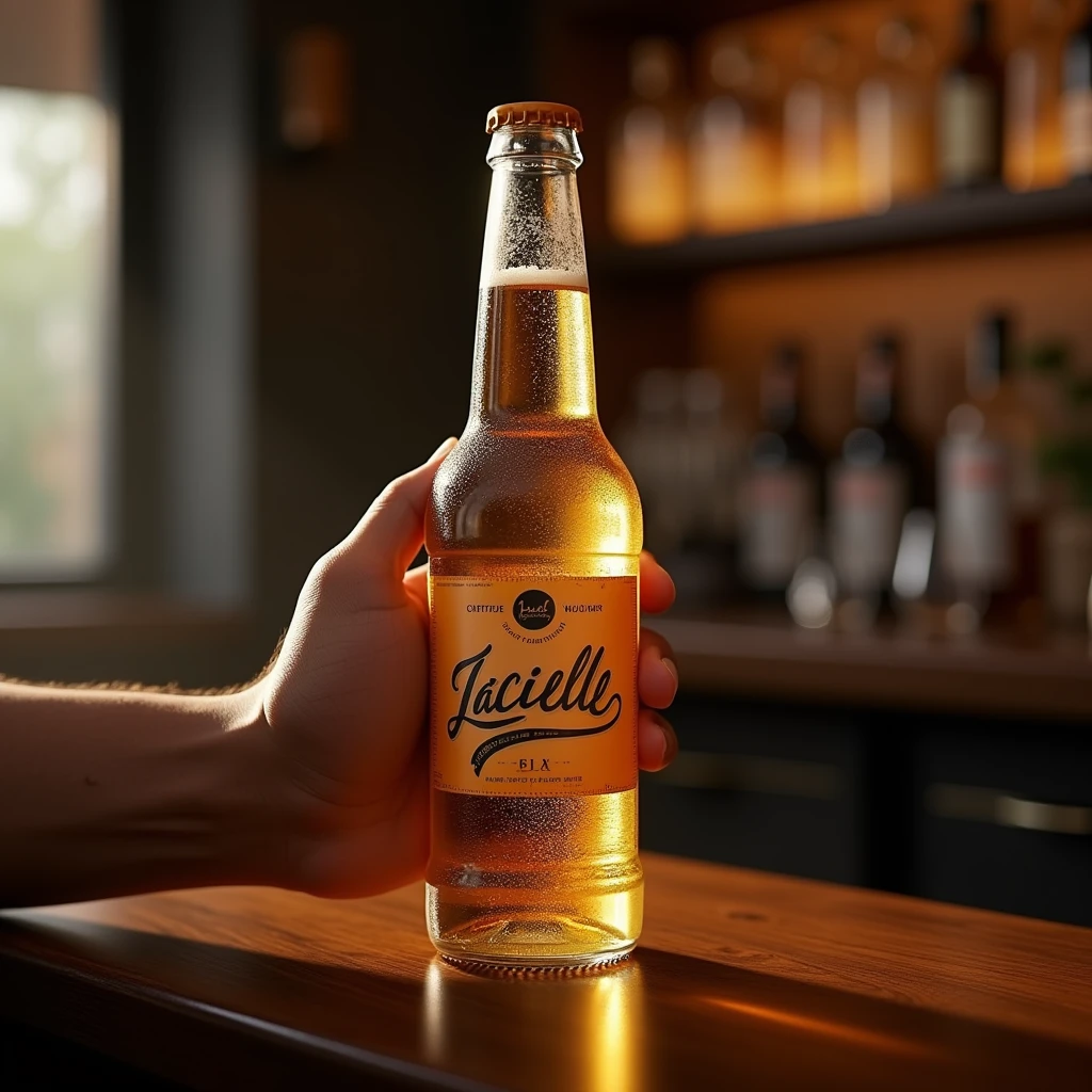 Create a hyper-realistic image of a long neck beer bottle, with commercial appearance. The bottle must be made of clear glass., highlighting the golden, effervescent color of the beer, and it must look very cold, with condensation droplets visible on the surface. The finish of the bottle should be shiny and clean, with subtle reflections and soft lighting.The label must display the name "Jacielle" in a stylized, modern font, centralized and prominent. Label design should be sophisticated, with elegant details and a pattern that complements the glass.Include the hand of a thin black man holding the bottle, so that the hand feels natural and wraps around the bottle with a subtle touch. The scene should include typical elements of a bar, such as a polished wood surface and other bar accessories, like beer glasses or an opener. The background should resemble a cozy and modern bar., with soft ambient lighting to create an inviting atmosphere. Add details like bottles or glasses in the background and a soft spotlight on the beer bottle to make it stand out..high resolution, precise, HD Model, high qualiy, best qualityer, OctaneRender 8K, 3D rendering, 
