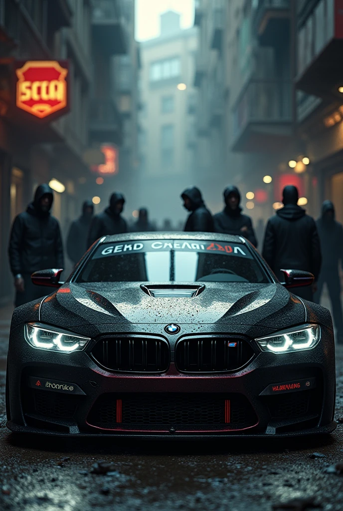 Dtm bmw car with angaragw text,black car,in background gang members with black clothing