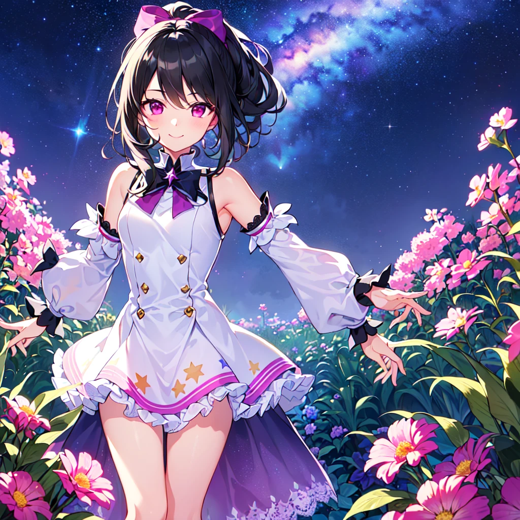 masterpiece, best quality, high quality, extremely detailed, very delicate and beautiful, (1female 1 adult solo:1.5), (long black hair up two sides:1.5), bangs to eyebrows, eyes sharp and bright (eye color: magenta:1.3), 6.5 head height, (Lace Frill Magical Girl Fashion with Starry Sky Print:1.3), (knee socks), (standing), (dynamic pose), (smiling), (Summer Garden:1.3), (Milky Way Night Sky:1.3), (upper body:1.3)