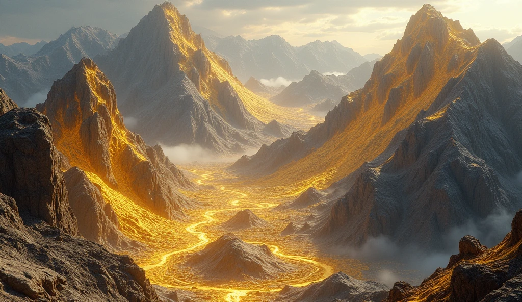 There are a lot of gold ore on the mountain(best quality,4K,8k,High level,masterpiece:1.2),Ultra Detailed,(lifelike,Photo real,Photo real:1.37)