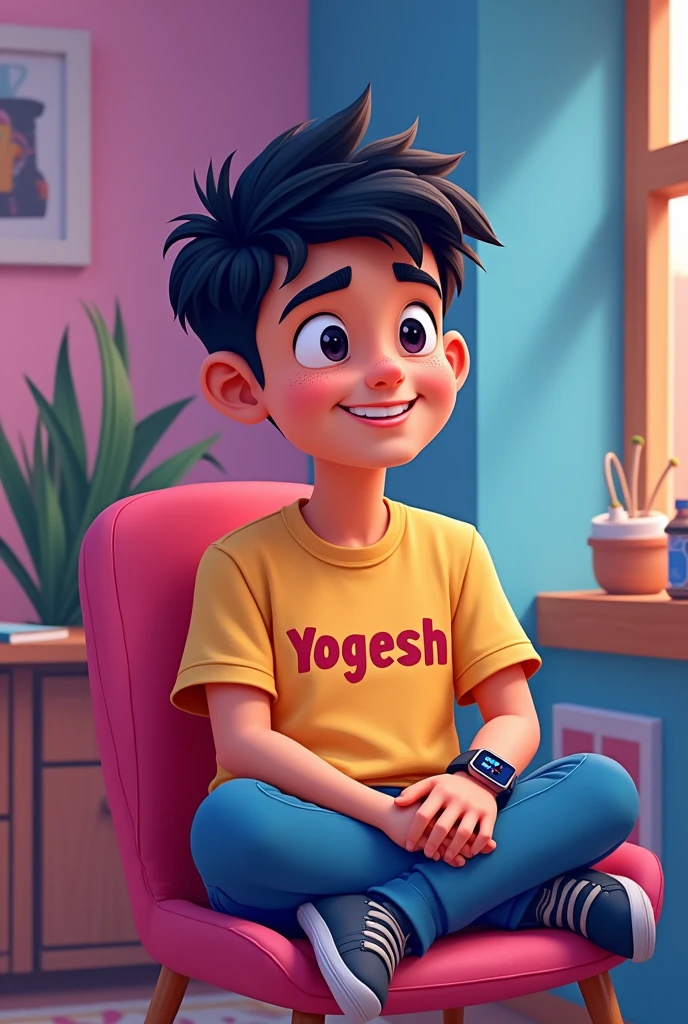 1 boy siting in the class room his name is yogesh write the t shirt front side, and 1 teacher siting in the class room his name is "jagtap sir" written on the t shirt front side 2d cartoon