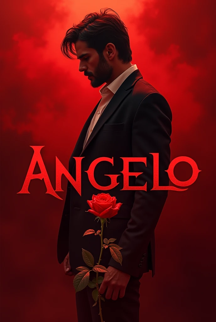 Create a soap opera cover with shades of red with the name Angelo highlighted and with a red rose being pulled by the letter A going in the direction of the letter O, the rose below the name Angelo