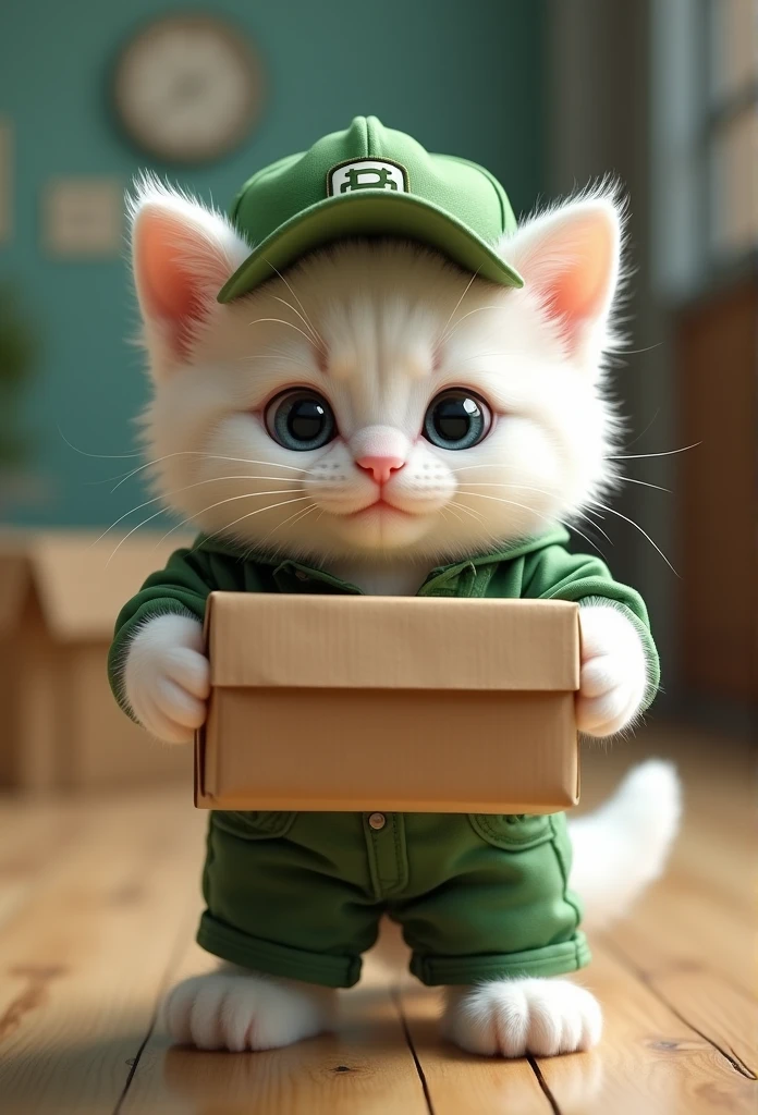 (best quality,4k,8k,highres,masterpiece:1.2), ultra-detailed, realistic:1.37,
big-eyed cute cat, adorable kitten, fluffy white fur, dressed in green trucker clothes, holding boxes in hands, wearing a cap