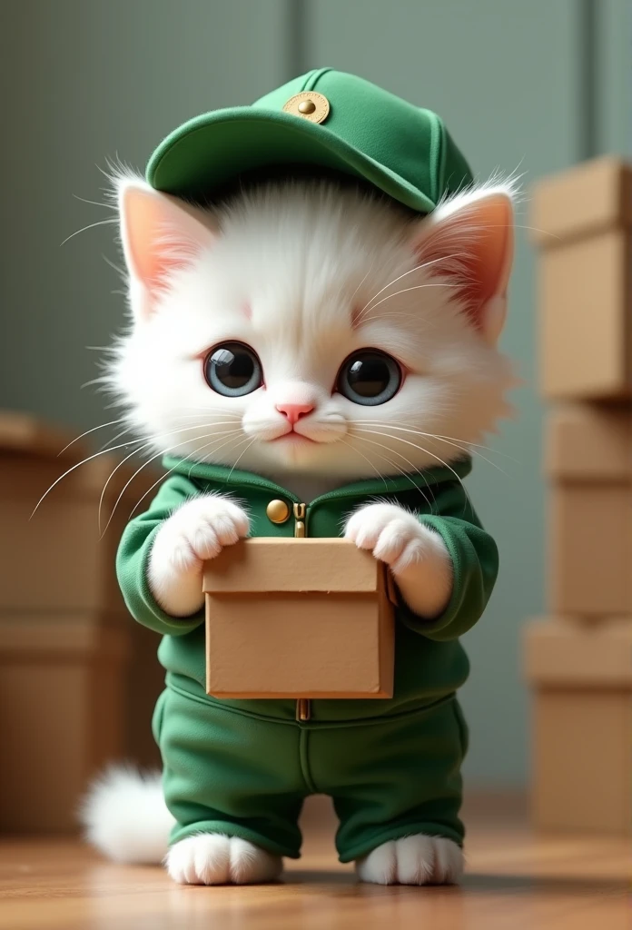(best quality,4k,8k,highres,masterpiece:1.2), ultra-detailed, realistic:1.37,
big-eyed cute cat, adorable kitten, fluffy white fur, dressed in green trucker clothes, holding boxes in hands, wearing a cap