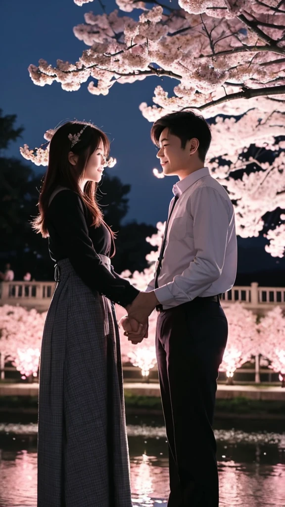 Anime image of a man and woman smoking in a garden in a nighttime atmosphere,Film Shot
