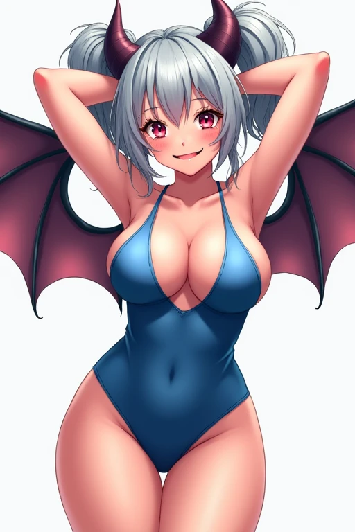 daughter
((((Crying))))
1girl, solo, breasts, looking at viewer, blush, smile, open mouth, navel, twintails, swimsuit, grey hair, wings, horns, pointy ears, armpits, arms up, one-piece swimsuit, grey eyes, skindentation, thigh strap, demon girl, demon horns, motion lines, arms behind head, demon wings, plump, blue one-piece swimsuit, steaming body, belly, duel monster, armpit hair,Breast milk、((((pubic hair))))