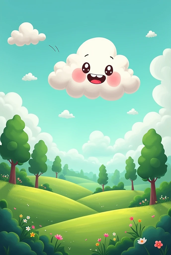 3. It sailed past trees and fields of green, Giggling at the sights unseen.
Prompt: "The cloud floats over a landscape of green fields and tall trees, looking down with a playful and giggly expression. The fields and trees are vibrant with life, adding a sense of fun and joy to the scene im cartoon form