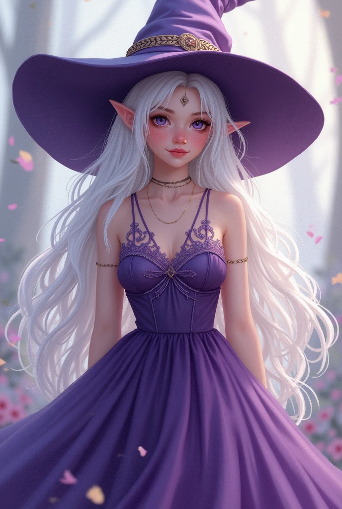 A little witch of , drawing version, all white hair,white and with a purple dress and hat.