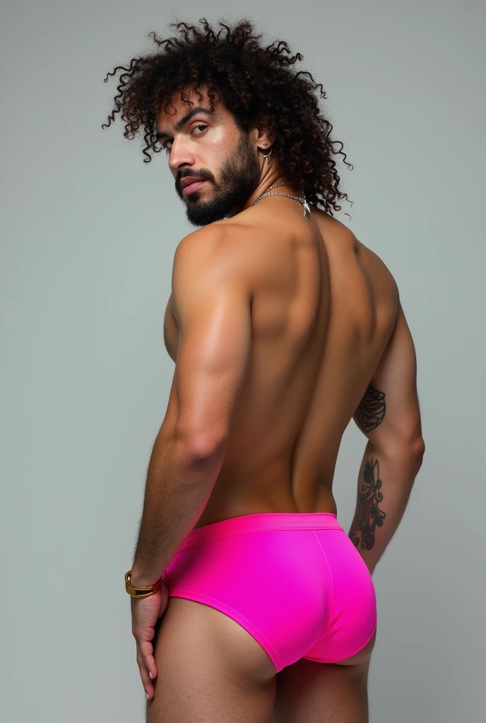 guy with curly mullet and septum nosering in pink underwear big butt
