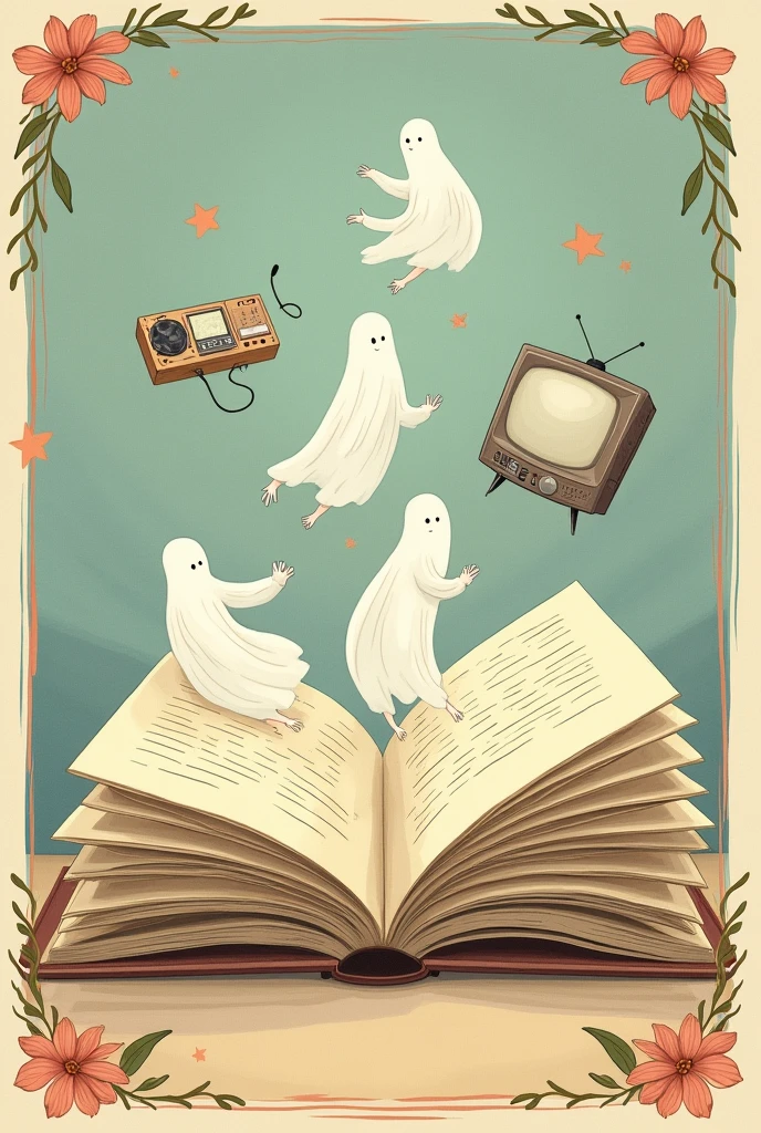 Storybook style drawing of an open book from which emerge references from the 1990s to 2000s.
