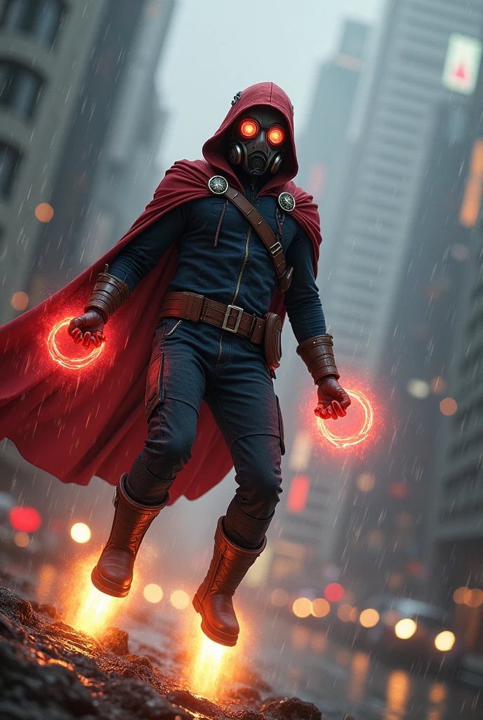 Young Star-lord with red hoodie, headphones, star-lord helmet, gas helmet, covered mouth, round red eyes, Red eyes, magic rings in the hands and rocket boots, Vs. Doctor strange , Fighting, power, fiction, full body, 2 person, magic lasso, hight, fall, fire in boots, poweful spells, fighting, realistic, helmet, mask, red cape, confrontation, punch, gun, flying in the sky, view of the city from above, rain, fighting over the spell book, Black gloves, ocean floor