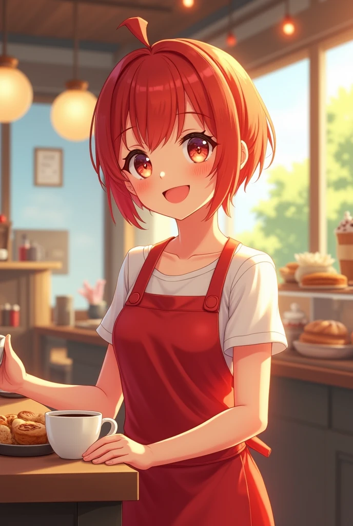 a young girl working in a cafe, wearing a red apron, has short red hair, a bright smile, dimples on your face 