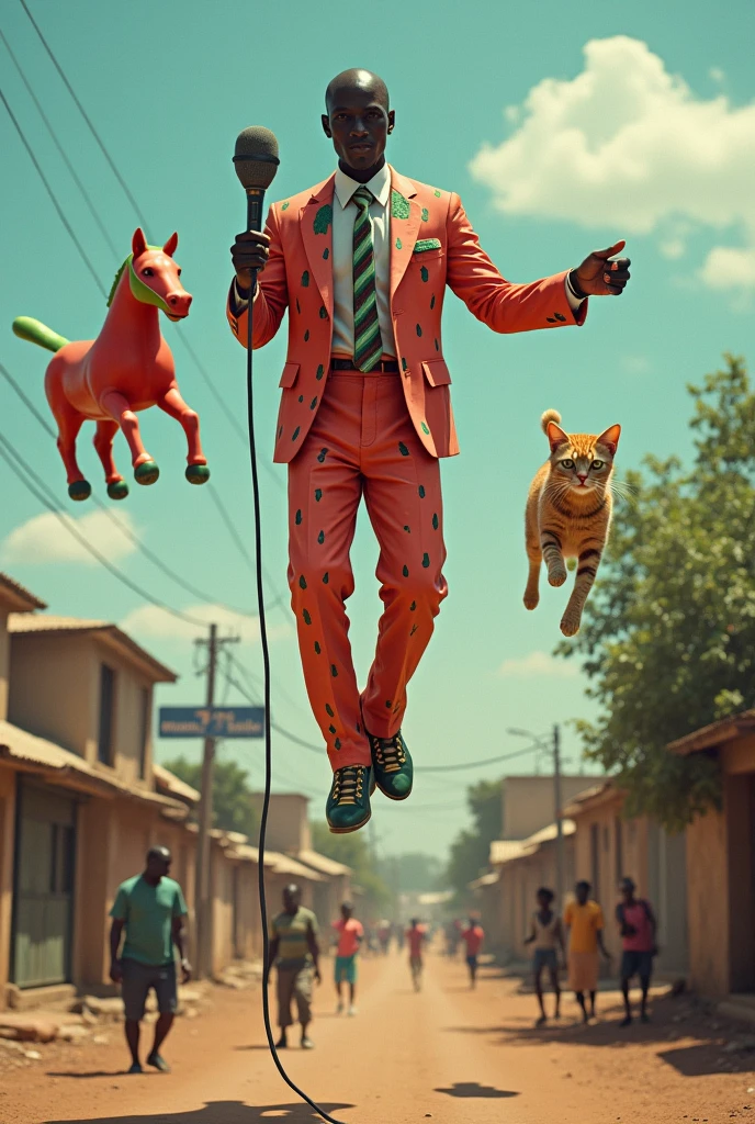 Make a black man bald, mic, and big head with a watermelon outfit while he is flying and next to him there is a cat that is also flying, and next to him there is a toy horse made of watermelon that is also flying next to him, in a poor neighborhood in Africa and there are several people looking at him but he is a grown man and he is not fat, he's skinny and the horse is made of watermelon, and they are all in T Pose