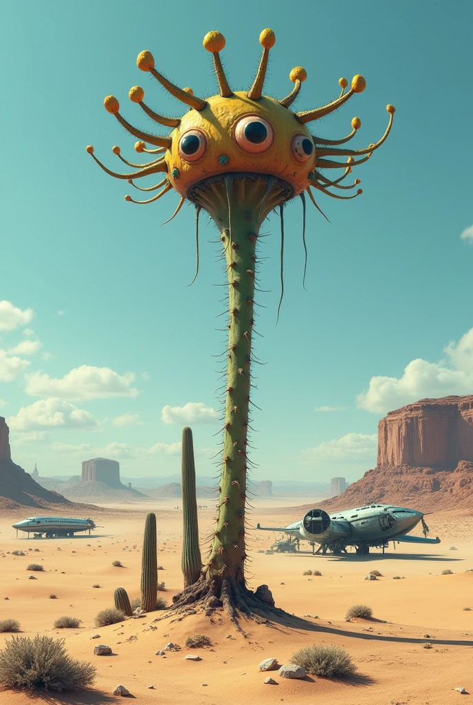 It is a desert, you can see the horizon as the distance from the blue sky is divided, On the right side of the desert there is a crashed plane and on the opposite side a crashed flying saucer, Below there is a cactus and in the center there is a plant with thorns and its flowers look like eyes.