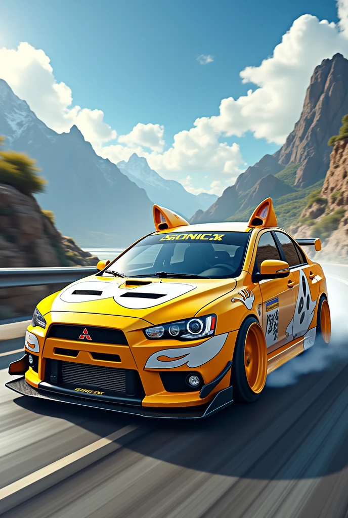 customized mitsubish lancer evo X car in yellow and white colors, with vinyl and theme of the character Miles Tails from the game Sonic