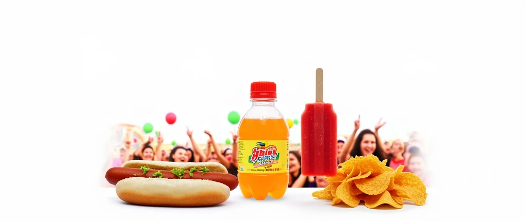 A dynamic photo of a fair counter table displaying a small bottle of orange soda, a hot dog, a bitten red popsicle, and a stack of nacho chips. The items are placed in the same arrangement as the image, with the vibrant fair setting and joyful crowd in the background enhancing the festive mood.