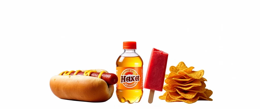  A dynamic photo of a fair counter table displaying a small bottle of orange soda, a hot dog, a bitten red popsicle, and a stack of nacho chips. The items are placed in the same arrangement as the image, with the vibrant fair setting and joyful crowd in the background enhancing the festive mood.