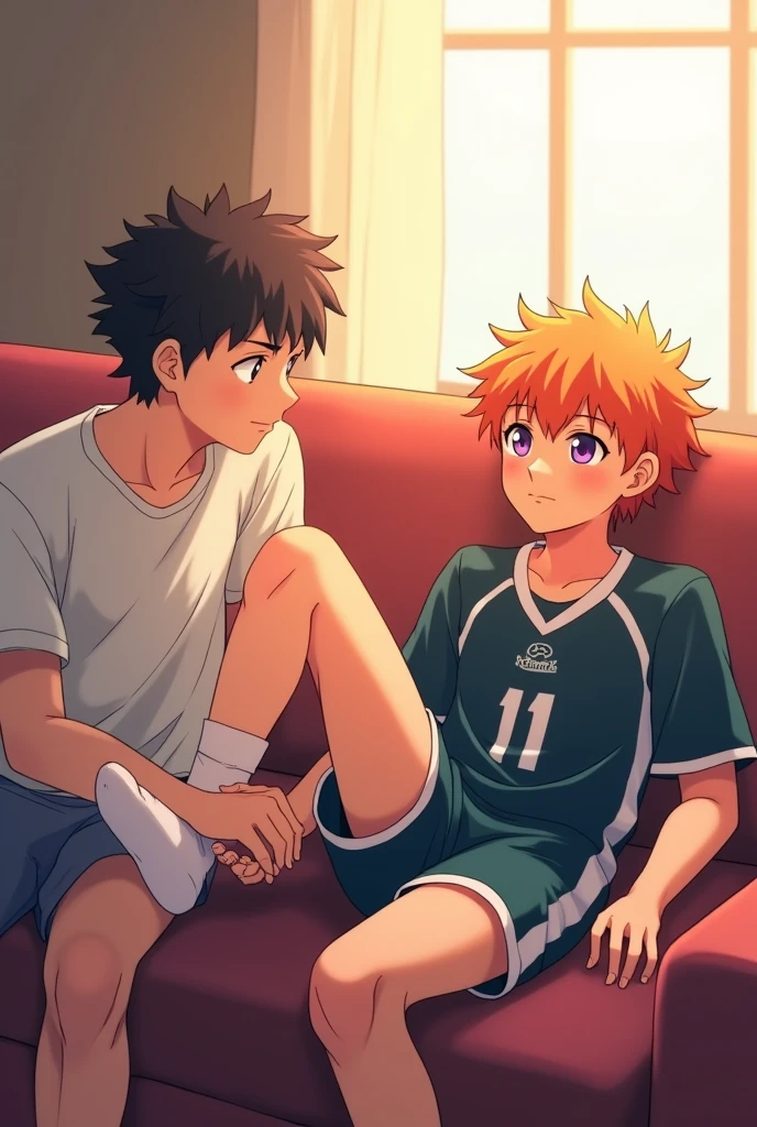 A side view of Kageyama from Haikyuu sitting at the end of a couch, with Shoyo Hinata lying stretched out on the couch, his feet resting on Kageyama's stomach. Kageyama is gently holding Hinata's ankles. Hinata is wearing his Karasuno High School volleyball uniform and white socks that reach his ankles. His eyes, a deep, hypnotic violet, like amethysts, suggest he is under a trance. His gaze is directed towards the ceiling, as if unaware of Kageyama's presence. His signature orange hair is slightly tousled. Kageyama, slightly older, gazes down at Hinata's feet with a knowing smile, as if sharing a secret. The scene is bathed in soft, warm light, creating a peaceful and intimate atmosphere. The artwork should be in the style of the Haikyuu anime, with vibrant colors, dynamic lines, and expressive characters.