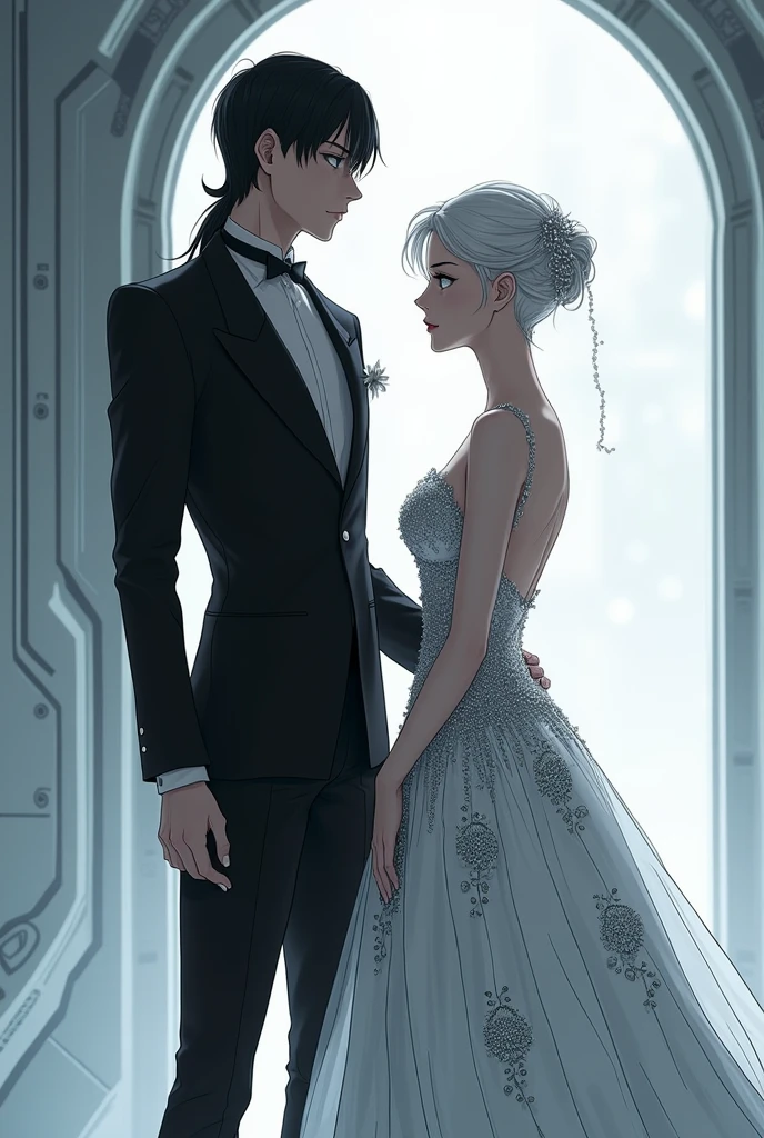Sanakan and Cibo from Blame! Manga in a wedding dress), (sci-fi theme) suit black hair, dress striking silver hair, Futuristic atmosphere Emphasizes radiance pure atmosphere Intricate details of the outfit A soft but bright light shines from above. Intimate and romantic atmosphere Highly detailed, exceptionally detailed, cinematic quality, emotionally charged scenes.