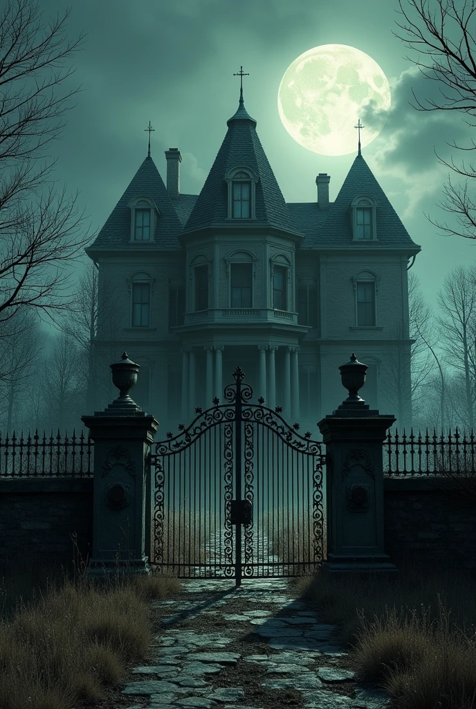 An old, crumbling mansion with overgrown weeds, broken windows, and a rusting iron gate. The mansion looks eerie under a full moon