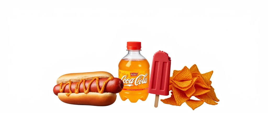  A dynamic photo of a fair counter table displaying a small bottle of orange soda, a hot dog, a bitten red popsicle, and a stack of nacho chips. The items are placed in the same arrangement as the image, with the vibrant fair setting and joyful crowd in the background enhancing the festive mood.