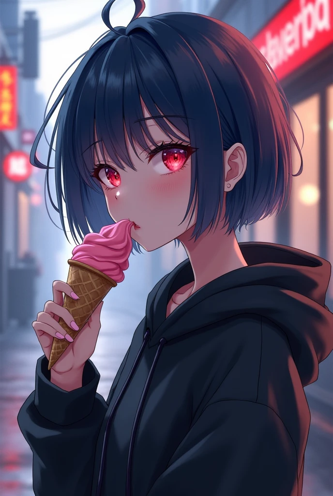 Anime girl , dark blue hair , modern day mullet hair style , black hoodie , red eyes , almond eye , short hair , eating ice cream