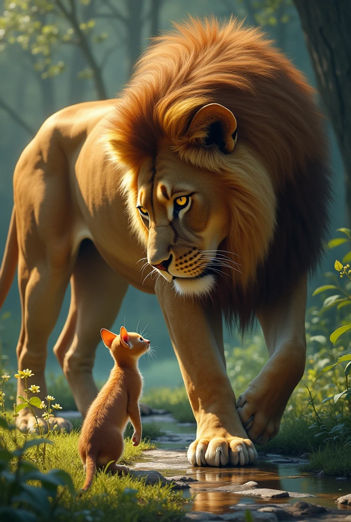 A lion recognizing a cat for the first time