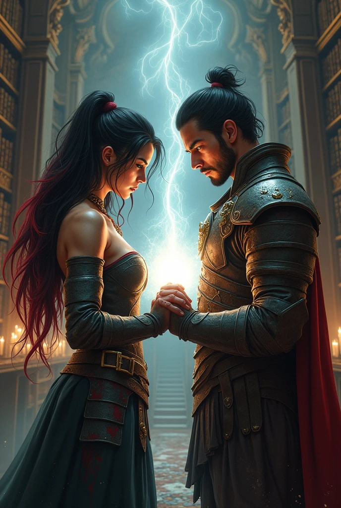 a beautiful woman with black hair and red locks, and she is wearing armor and is stained with many  blood in his armor and face, she is scaredis standing next to a war man, with caramel skin, a sharp chin and slightly long hair with green eyes, combining their medallions in white light in a library