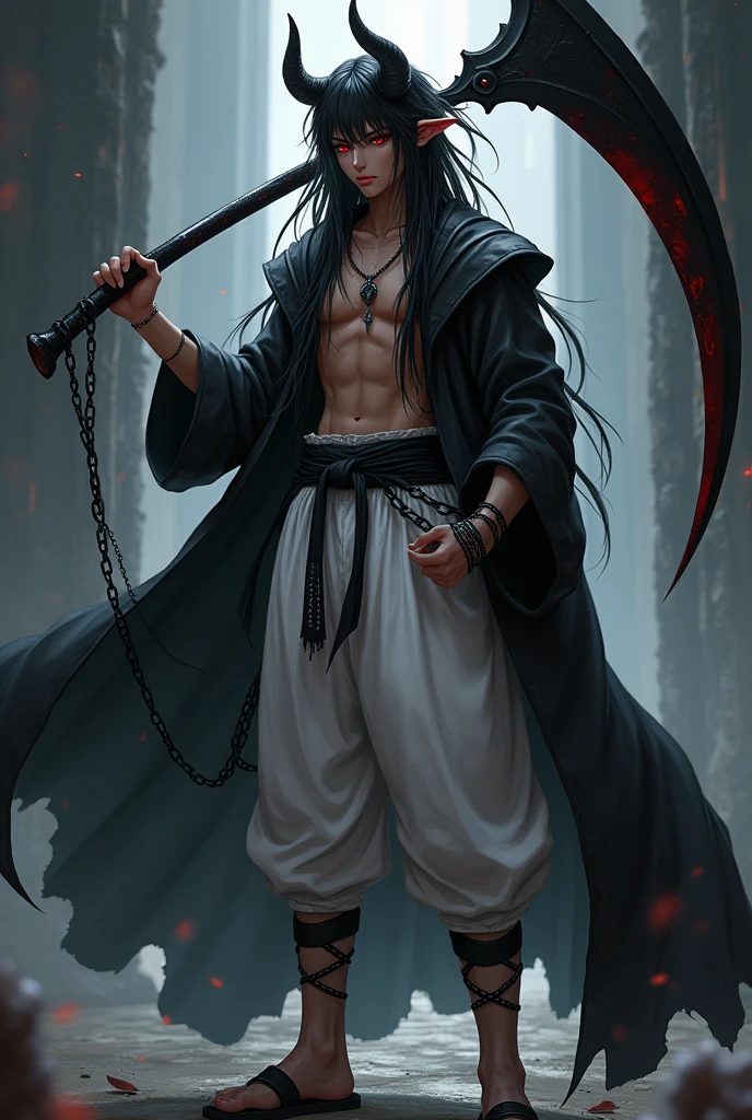 anime boy (dark fantasy) with black dreads, red eyes, brown skin, black horns and a black cloak and white martial arts pants with black chains around him as he holds a black scythe(full body)