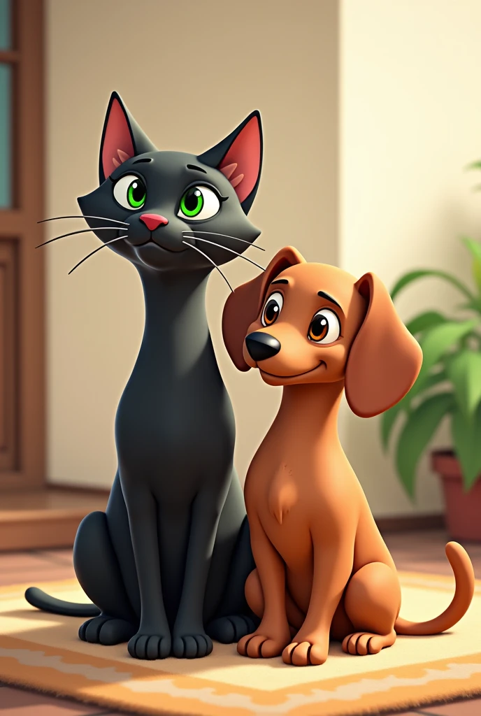 two animals sitting side by side a black male cat with green eyes and a female Dachshund dog with light brown fur in a cartoon