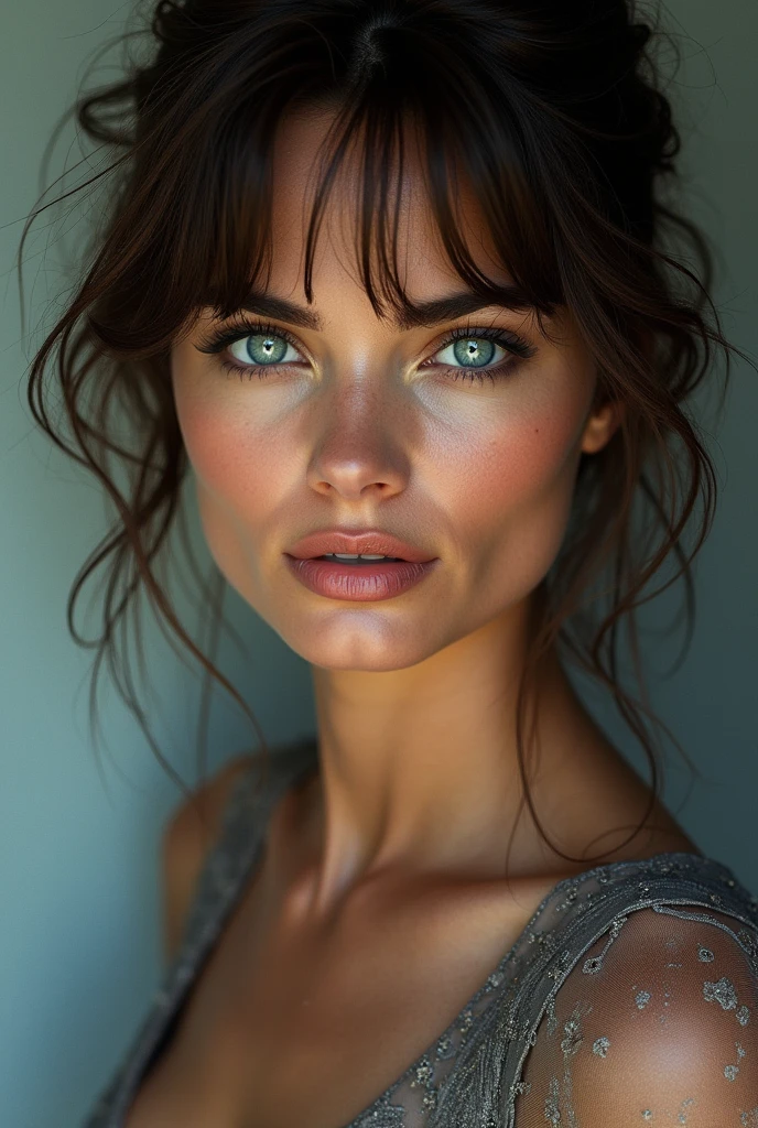  Paulina Porizkova, ultra-detailed face, ultra detailed blue eyes, (bangs), (dress, long skirt), (((masterpiece)))