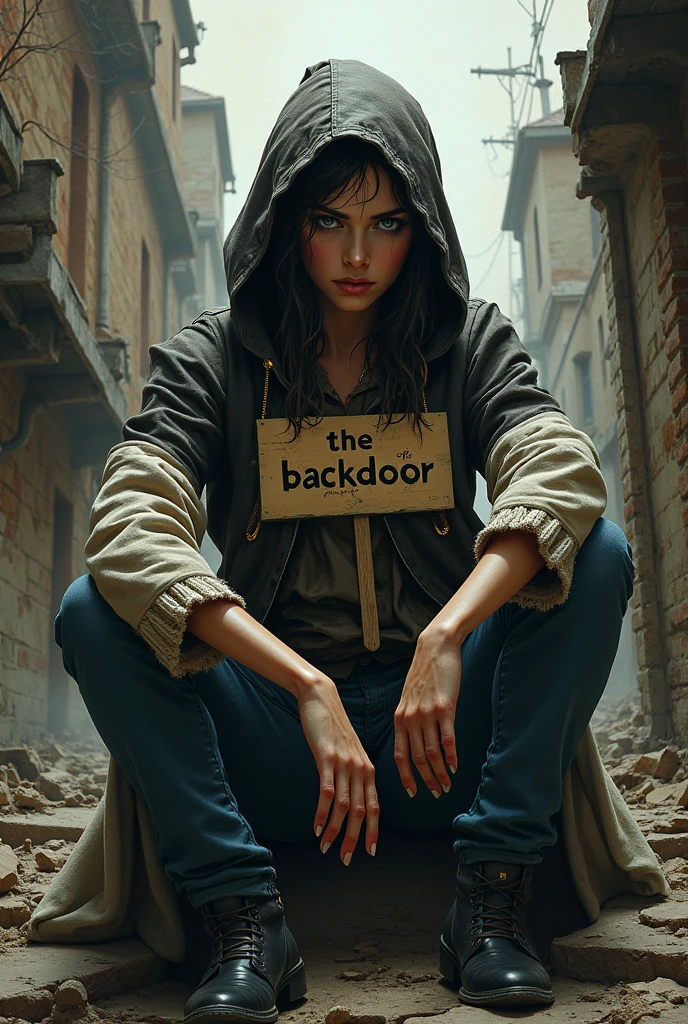 drunk girl sitting that the clothes are a medieval mix, grunge and modern, Urbana, but with a hood with a sign that has the word, THE BACKDOOR 