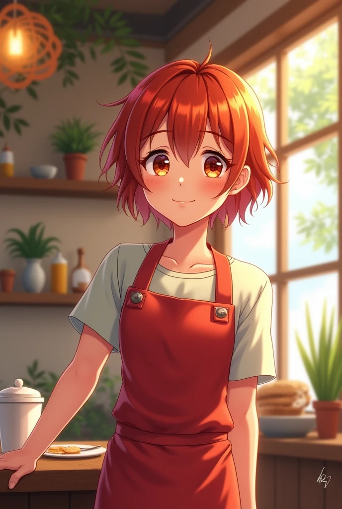 a young girl working in a cafe, wearing a red apron, has short red hair, a bright smile, dimples on your face realistic summer