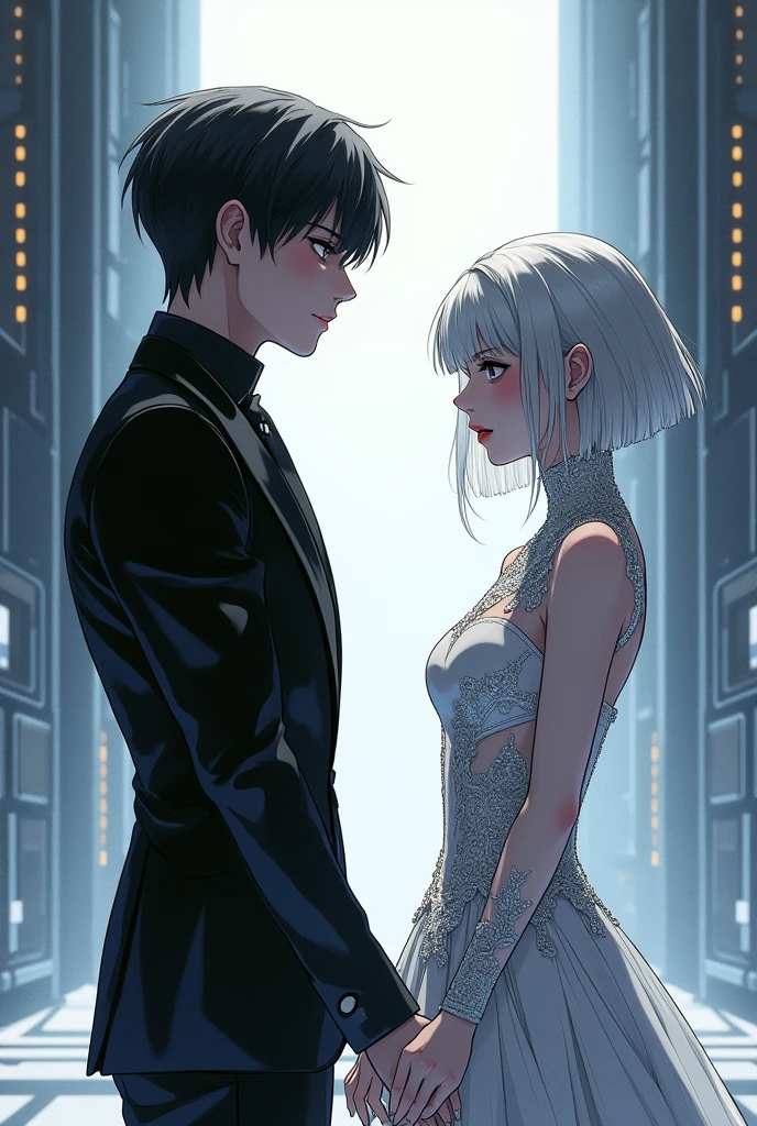 Sanakan and Cibo from Blame! Manga in a wedding dress), (sci-fi theme) suit black hair, dress striking silver hair, Futuristic atmosphere Emphasizes radiance pure atmosphere Intricate details of the outfit A soft but bright light shines from above. Intimate and romantic atmosphere Highly detailed, exceptionally detailed, cinematic quality, emotionally charged scenes.