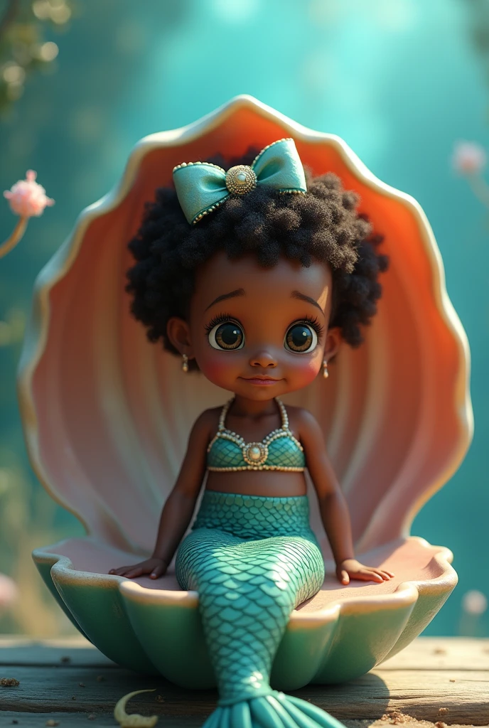  female gender  dark skin short curly hair dark round eyes large silos full mouth dressed as a mermaid with bow on head inside a shell Pixar 3d