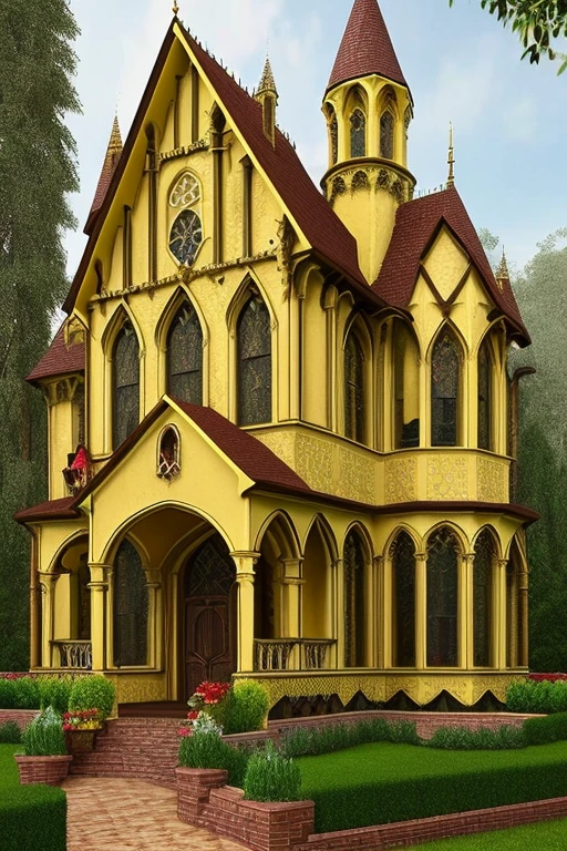 Gothic architecture、Yellow and brown atmosphere、exterior、Gothic、yellow、wood、teddy bear、building、The garden of the property is also included.、building全体