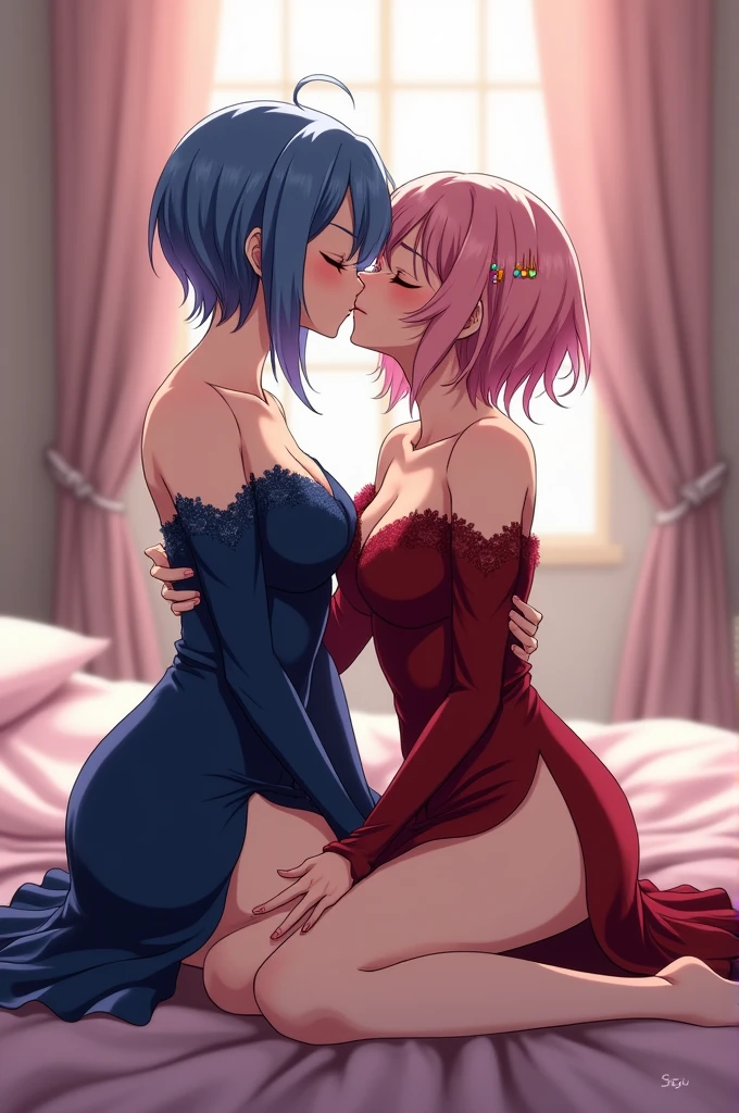 Scene for an Image from "Re:Zero - Starting Life in Another World":

Ram and Rem are sitting on a bed in a cozy, softly-lit room. Rem is seated with her legs crossed, and Ram is sitting on Rem's lap, her legs hanging off to the side. They are sharing a deep kiss on the lips, with Ram holding onto Rem's waist. Both are dressed in attractive modern outfits:

#### Ram:
- Hair: Signature short pink with ombre and gemstone hairpin.
- Outfit: Fitted, off-the-shoulder deep red dress with a slit and lace details.

#### Rem:
- Hair: Signature short blue with ombre and gemstone hairpin.
- Outfit: Fitted, off-the-shoulder deep blue dress with a slit and lace details.

#### Setting:
- The bed is covered in soft, pastel-colored bedding.
- The room has a warm, romantic ambiance with soft lighting, perhaps from a nearby lamp or candles.
