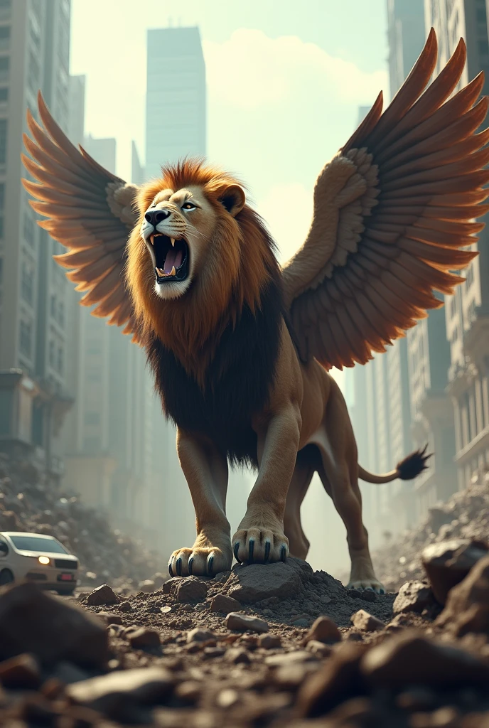 Lion has a wings like an eagle very strong roaring with massive body looking like a natural clearly detailed full in future land wit all destroy city hd 8k quality