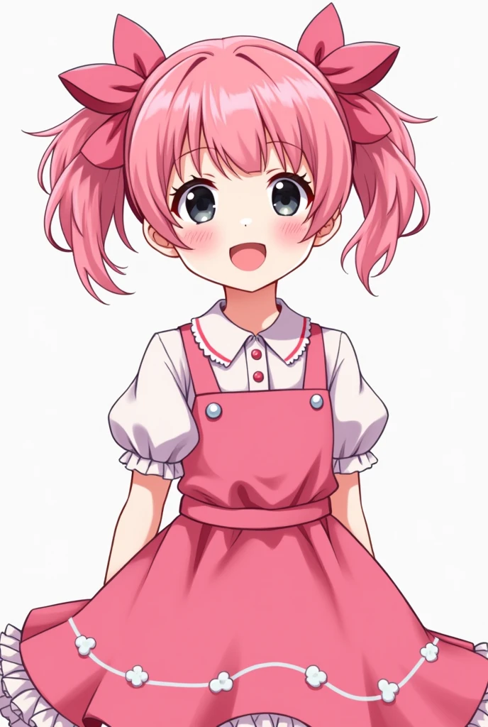 Anime with pink short twins tail and black eyes color . She wearing all pink