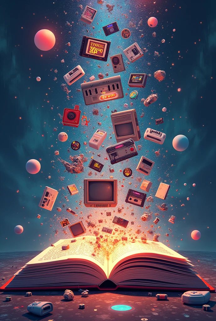 Drawing of an open book from which come out references from the 1990s to 2000s.