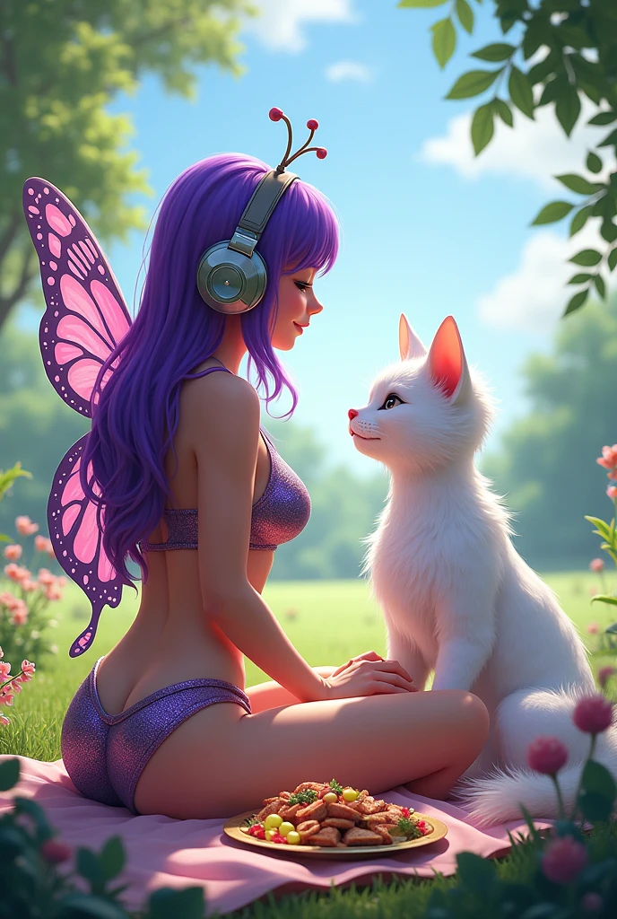 Korean purple haired butterfly woman with headphone and shiny cropped shorts outfit and humanoid gattah in white dress both of them on picnic 