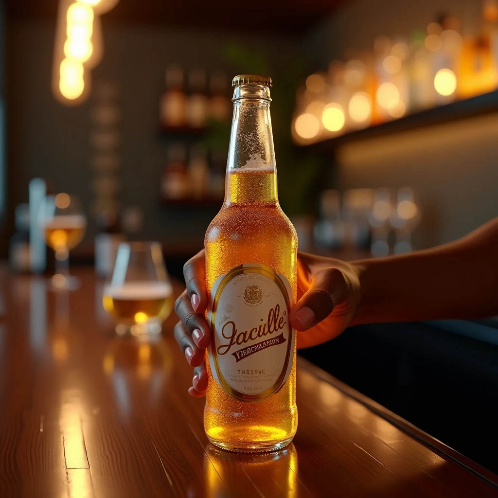 Create a hyper-realistic image of a long neck beer bottle, with commercial appearance. The bottle must be made of clear glass., highlighting the golden, effervescent color of the beer, and it must look very cold, with condensation droplets visible on the surface. The finish of the bottle should be shiny and clean, with subtle reflections and soft lighting.The label must display the name "Jacielle" in a stylized, modern font, centralized and prominent. Label design should be sophisticated, with elegant details and a pattern that complements the glass.Include the hand of a thin black man holding the bottle, so that the hand feels natural and wraps around the bottle with a subtle touch. The scene should include typical elements of a bar, such as a polished wood surface and other bar accessories, like beer glasses or an opener. The background should resemble a cozy and modern bar., with soft ambient lighting to create an inviting atmosphere. Add details like bottles or glasses in the background and a soft spotlight on the beer bottle to make it stand out..high resolution, precise, HD Model, high qualiy, best qualityer, OctaneRender 8K, 3D rendering,