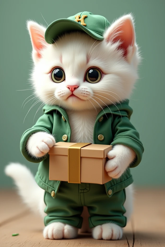 (best quality,4k,8k,highres,masterpiece:1.2), ultra-detailed, realistic:1.37,
big-eyed cute cat, adorable kitten, fluffy white fur, dressed in green trucker clothes, holding boxes in hands, wearing a cap,แมวส้ม