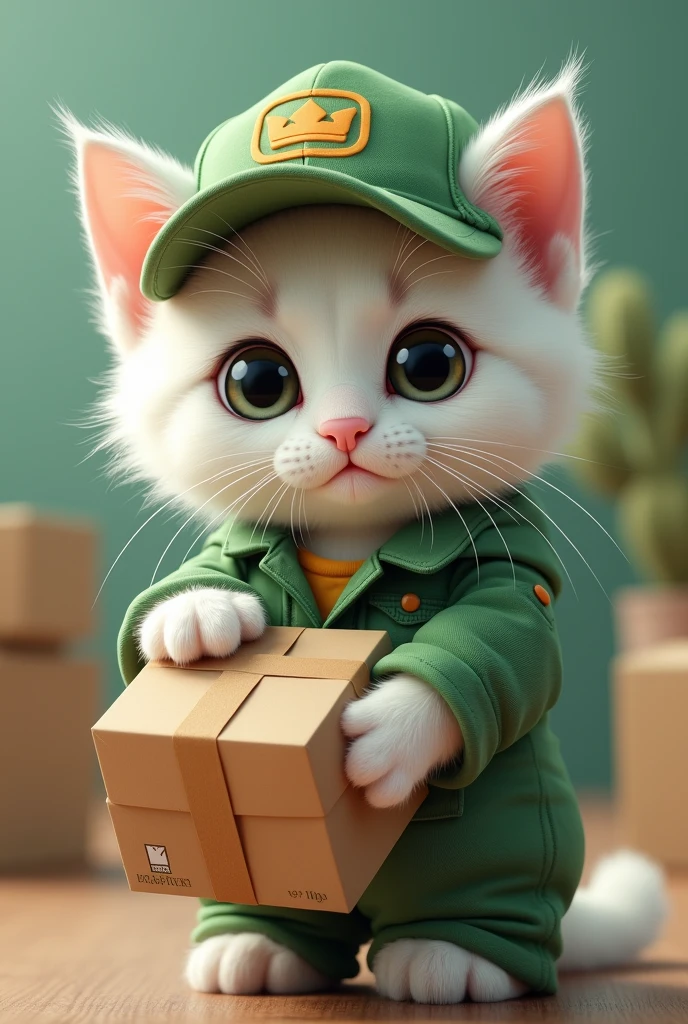 (best quality,4k,8k,highres,masterpiece:1.2), ultra-detailed, realistic:1.37,
big-eyed cute cat, adorable kitten, fluffy white fur, dressed in green trucker clothes, holding boxes in hands, wearing a cap,แมวส้ม