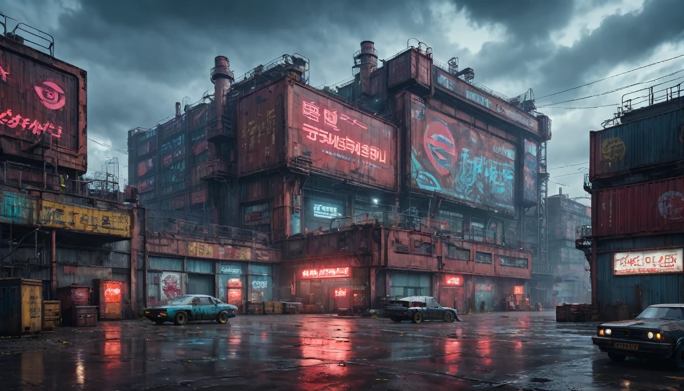 post apocalyptic factory, cyberpunk setting, neon lights, cyberpunk cars in front of the building, sad brutal architecture, red brick walls, concrete floor, old containers and crates, huge advertising sign at the top of the building, cloudy weather, from below, wide shot, atmospheric perspective, 8k, highres, best quality, award winning, super detail, masterpiece, UHD