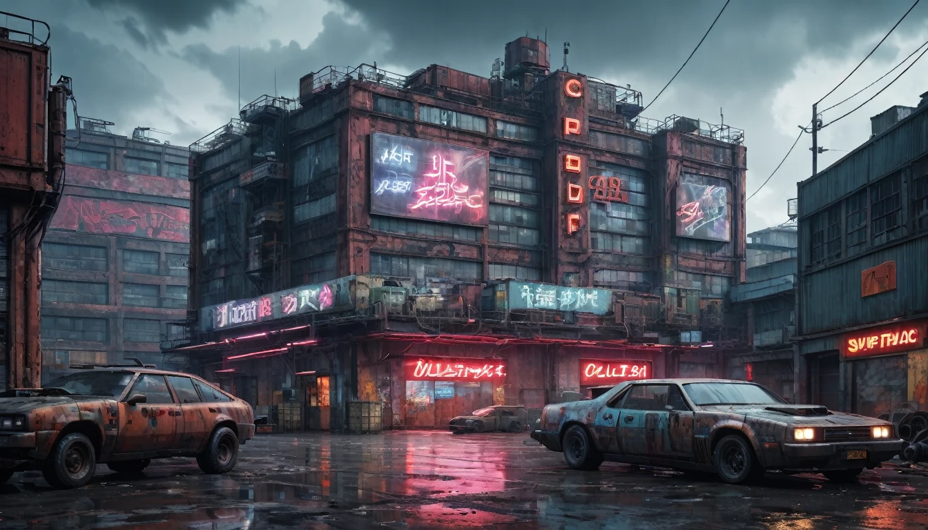 post apocalyptic factory, cyberpunk setting, neon lights, cyberpunk cars in front of the building, sad brutal architecture, red brick walls, concrete floor, old containers and crates, huge advertising sign at the top of the building, cloudy weather, from below, wide shot, atmospheric perspective, 8k, highres, best quality, award winning, super detail, masterpiece, UHD