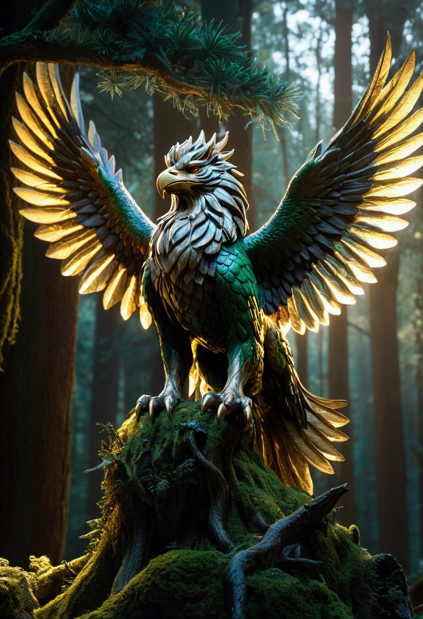 (Griffin), In a mysterious forest, the griffin is the guardian deity here, and its nest is hidden between the highest tree crowns. The colors are mainly forest green and griffin brown, and the light and shadow are mainly moonlight. The details are reflected in the texture of the trees and the sharp claws of the griffin. Beautiful cinematic lighting, surreal, color graded, dynamic movement, captivating chiaroscuro, full body, award-winning, cinematic still, emotional, vignette, dynamic, vivid, (masterpiece, best quality, photorealistic, Professional, perfect composition, very aesthetic, absurdres, ultra-detailed, intricate details:1.3)